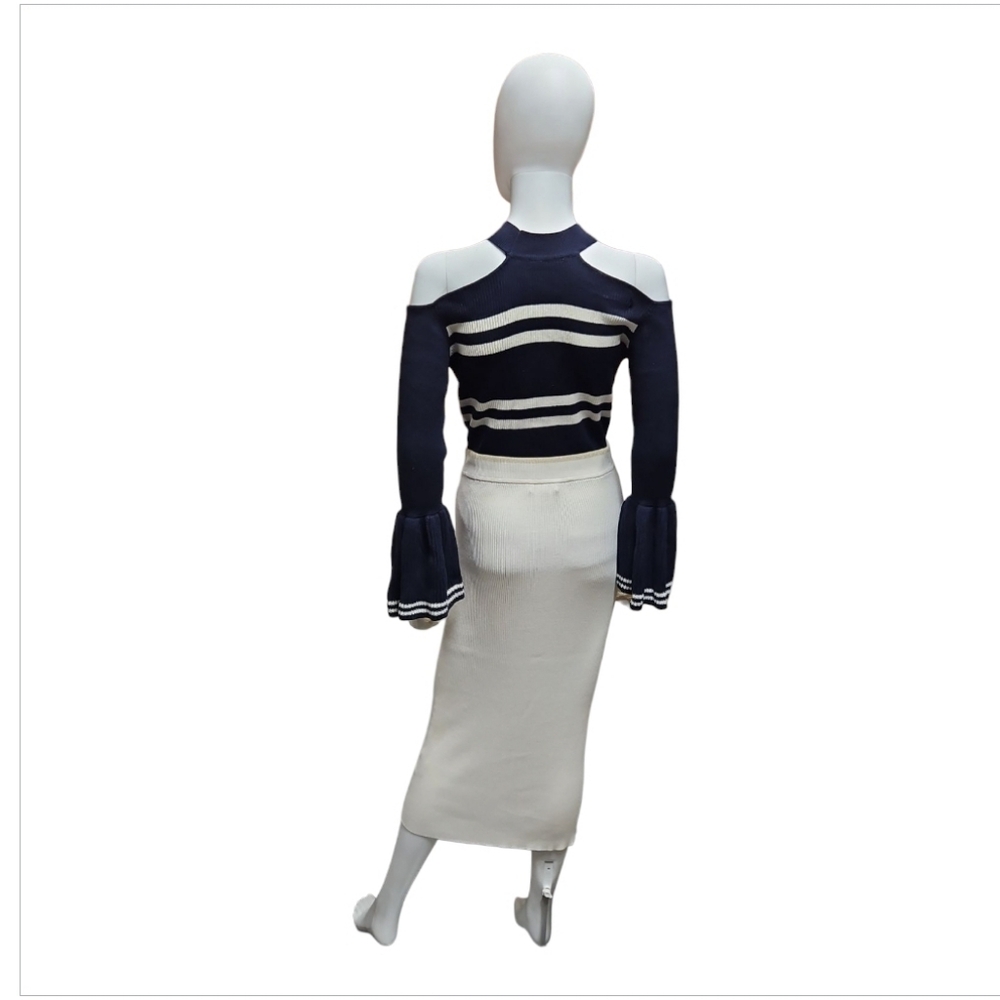 SELF-PORTRAIT | Cold Shoulder Striped Ruffle Sweater in Size Medium - Picture 6 of 9